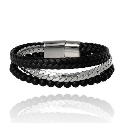 Lucky Brand Lucky Brand Men's 3-Row Chain & Bead Bracelet, Black, Magnetic Clasp - 8.5'' 