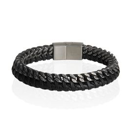 Lucky Brand Lucky Brand Mens Bracelet Braided Black Leather and Stainless Steel, 8.25"