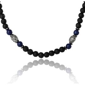 Lucky Brand Lucky Brand Men's Lava Rock & Lapis Beaded Necklace, Silver-Tone Barrel Accents, 22"