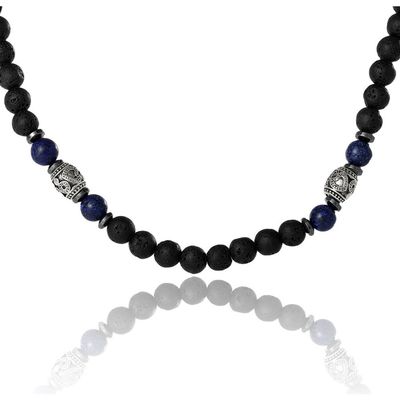 Lucky Brand Lucky Brand Men's Lava Rock & Lapis Beaded Necklace, Silver-Tone Barrel Accents, 22"
