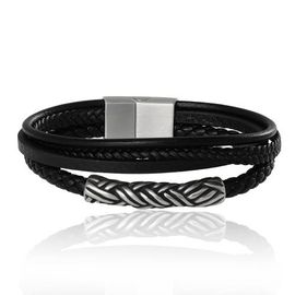 Lucky Brand Lucky Brand Men's Multi-Row 8'' Bracelet with Braided Barrel, Black, Magnetic Clasp 
