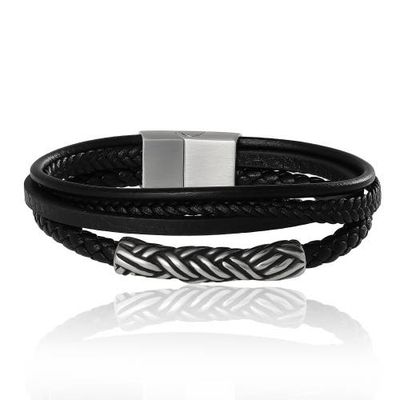 Lucky Brand Lucky Brand Men's Multi-Row 8'' Bracelet with Braided Barrel, Black, Magnetic Clasp 