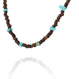 Lucky Brand Lucky Brand Men's Wood & Turquoise Beaded 22 Necklace, Rustic Brown with Blue Chips