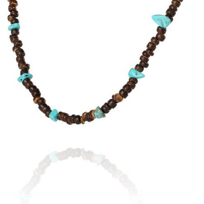 Lucky Brand Lucky Brand Men's Wood & Turquoise Beaded 22 Necklace, Rustic Brown with Blue Chips