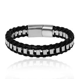 Lucky Brand Lucky Brand Men's Woven & Stainless Link Bracelet, Black, Magnetic Clasp - 8.5'' 