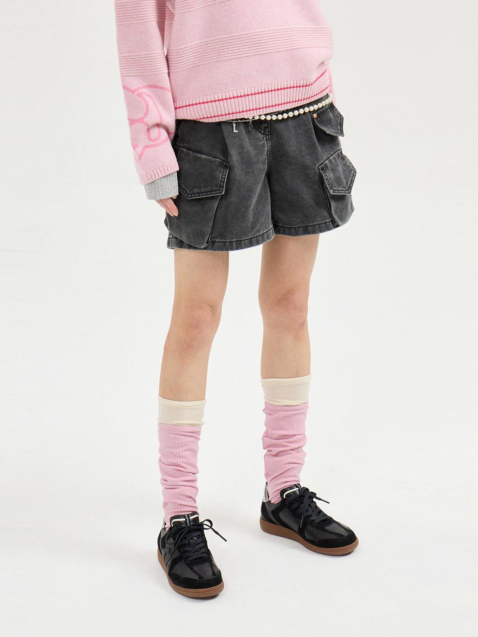LUCKY CHOUETTE Back Banding Pleated Cotton Denim Shorts [Grey] (LFPDS25180GYX)