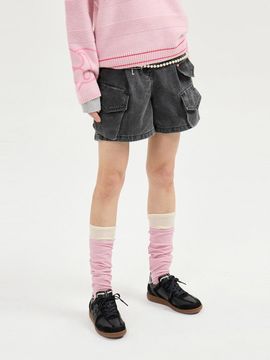 LUCKY CHOUETTE Back Banding Pleated Cotton Denim Shorts [Grey] (LFPDS25180GYX)