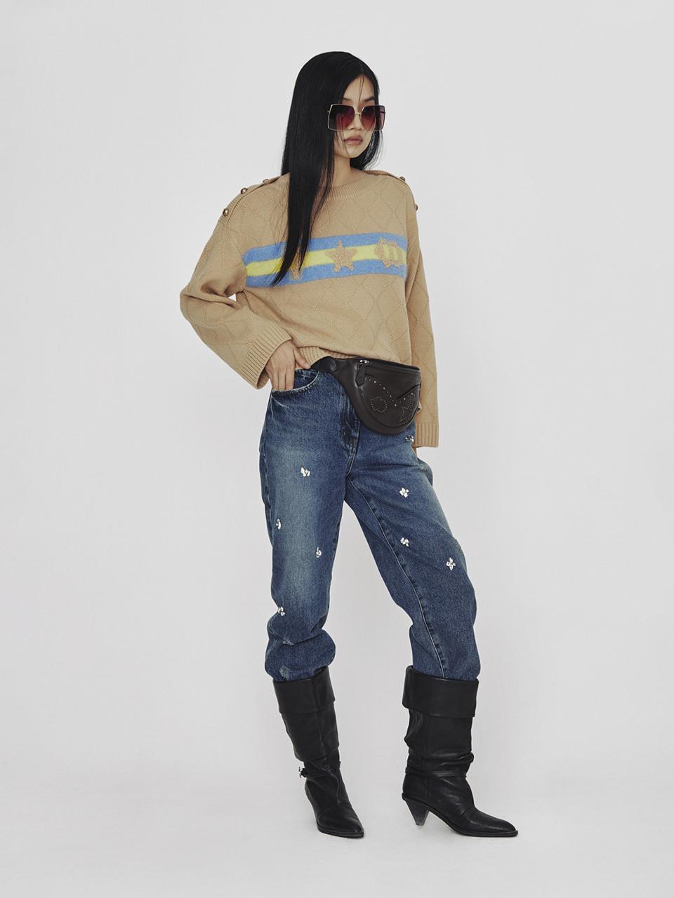 LUCKY CHOUETTE Beading Decorated Loose Fit Denim Pants [Blue] (LFPDS25040BUX)
