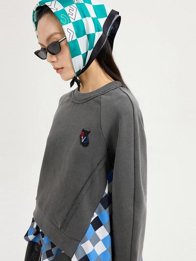 LUCKY CHOUETTE Checkered Print Jersey Embroidered Sweatshirt [Dark Grey] (LFTAS25110GYD)