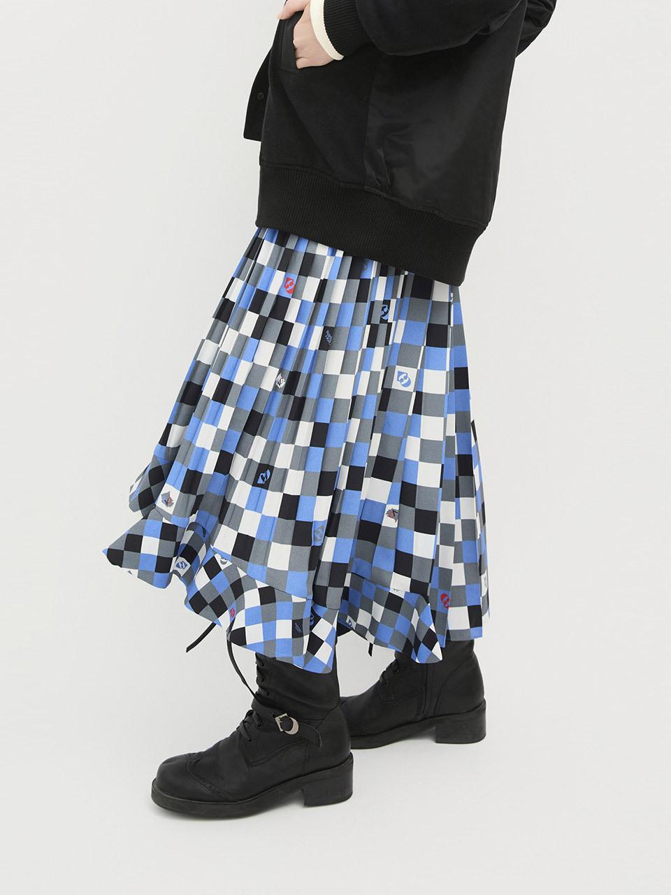 LUCKY CHOUETTE Checkered Printed Maxi Asymmetrical Slip Dress [Blue] (LFDAS25100BUX)