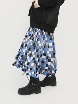 LUCKY CHOUETTE Checkered Printed Maxi Asymmetrical Slip Dress [Blue] (LFDAS25100BUX)