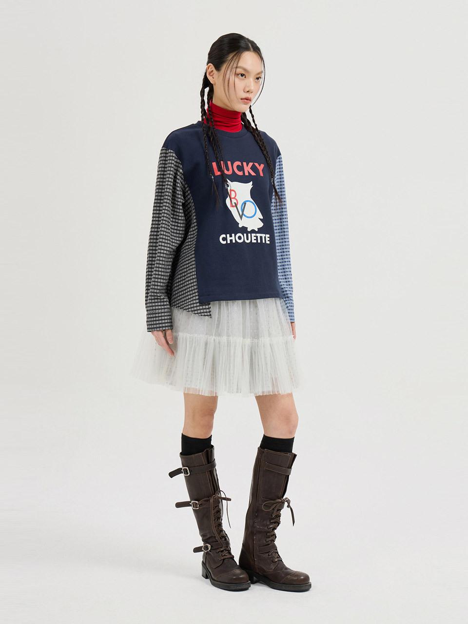 LUCKY CHOUETTE Checkered Sleeve Asymmetrical Long-Sleeved T-Shirt [Dark Navy] (LFTAS25195NYD)
