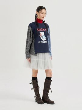 LUCKY CHOUETTE Checkered Sleeve Asymmetrical Long-Sleeved T-Shirt [Dark Navy] (LFTAS25195NYD)