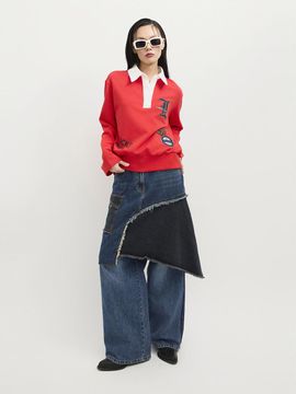 LUCKY CHOUETTE Color Block Asymmetric Raw Hem Denim Skirt [Blue] (LFPDS25120BUX)