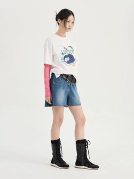LUCKY CHOUETTE Color Block Semi A-Line Denim Shorts [Blue] (LFPDM25280BUX)