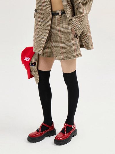 LUCKY CHOUETTE Emblem Point Glen Check Straight Shorts [Beige] (LFPOS25105BEX)
