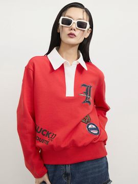 LUCKY CHOUETTE Embroidered Point Collar Ribbed Long-Sleeved T-shirt [RED] (LFTAS25115REX)