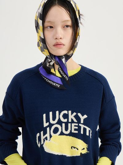 LUCKY CHOUETTE Intarsia Round Neck Wool Blend Sweater [Dark Navy] (LFWAS25220NYD)