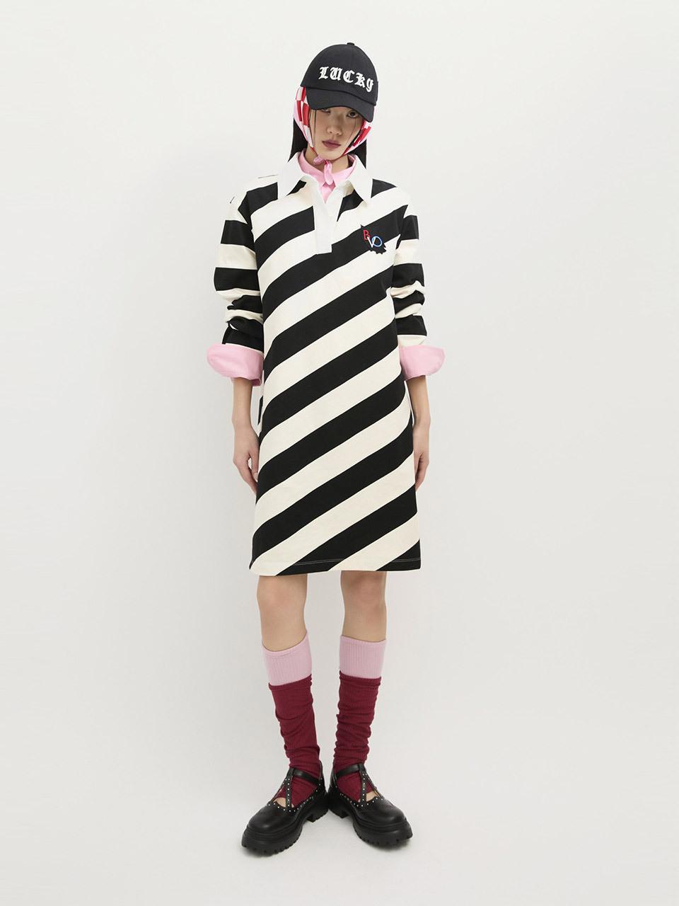 LUCKY CHOUETTE Jersey Contrast Collar H-line Dress [Ivory] (LFDAS25120IVX)