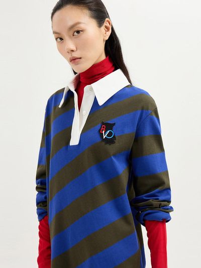 LUCKY CHOUETTE Jersey Stripe H-Line Contrast Collar Dress [Khaki] (LFDAS25120KHX)