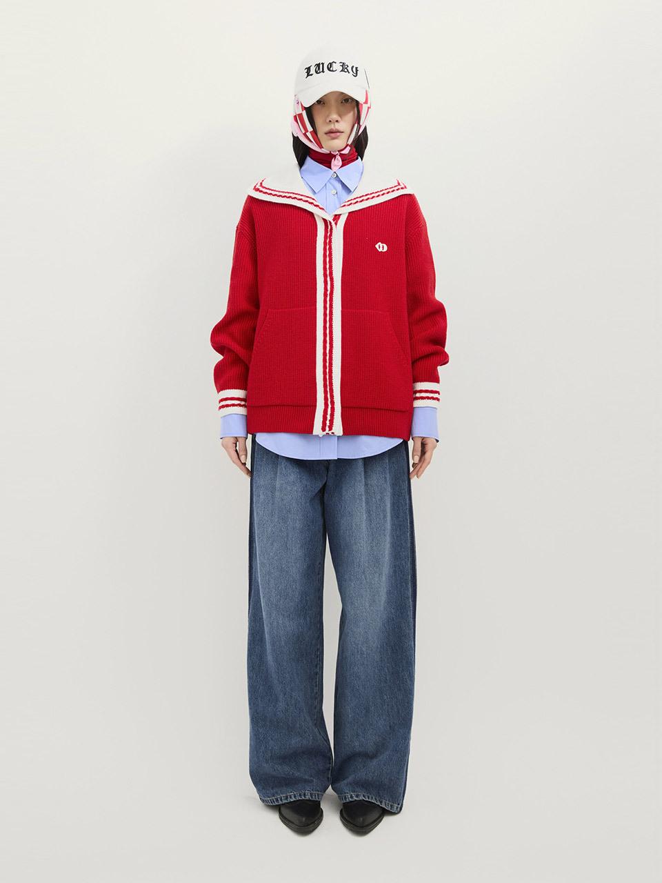 LUCKY CHOUETTE Mini Sailor Wool Knit Cardigan [RED] (LFWCS25130REX)