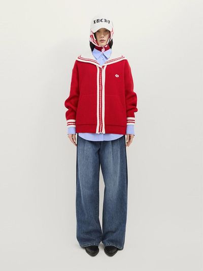 LUCKY CHOUETTE Mini Sailor Wool Knit Cardigan [RED] (LFWCS25130REX)