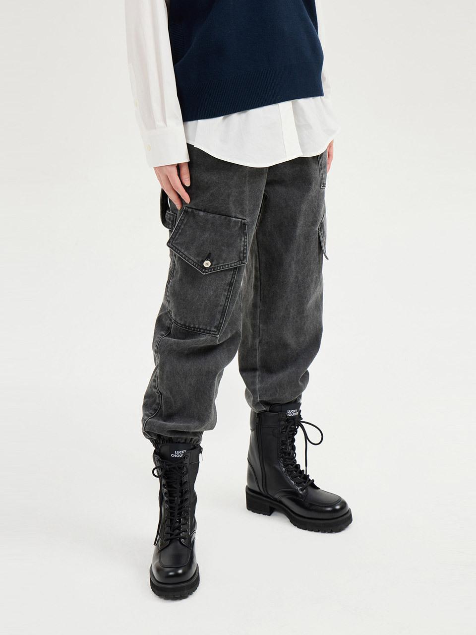 LUCKY CHOUETTE Out Pocket Asymmetrical Relaxed Jogger Denim Pants [Grey] (LFPDS25185GYX)