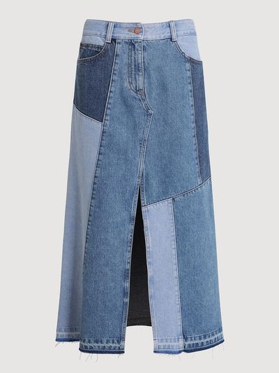 LUCKY CHOUETTE Patch Semi A-line Long Denim Skirt [Blue] (LFPDS25210BUX)