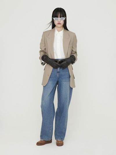 LUCKY CHOUETTE Peaked Collar Loose Fit Wool Blend Jacket [Beige] (LFJAS25240BEX)