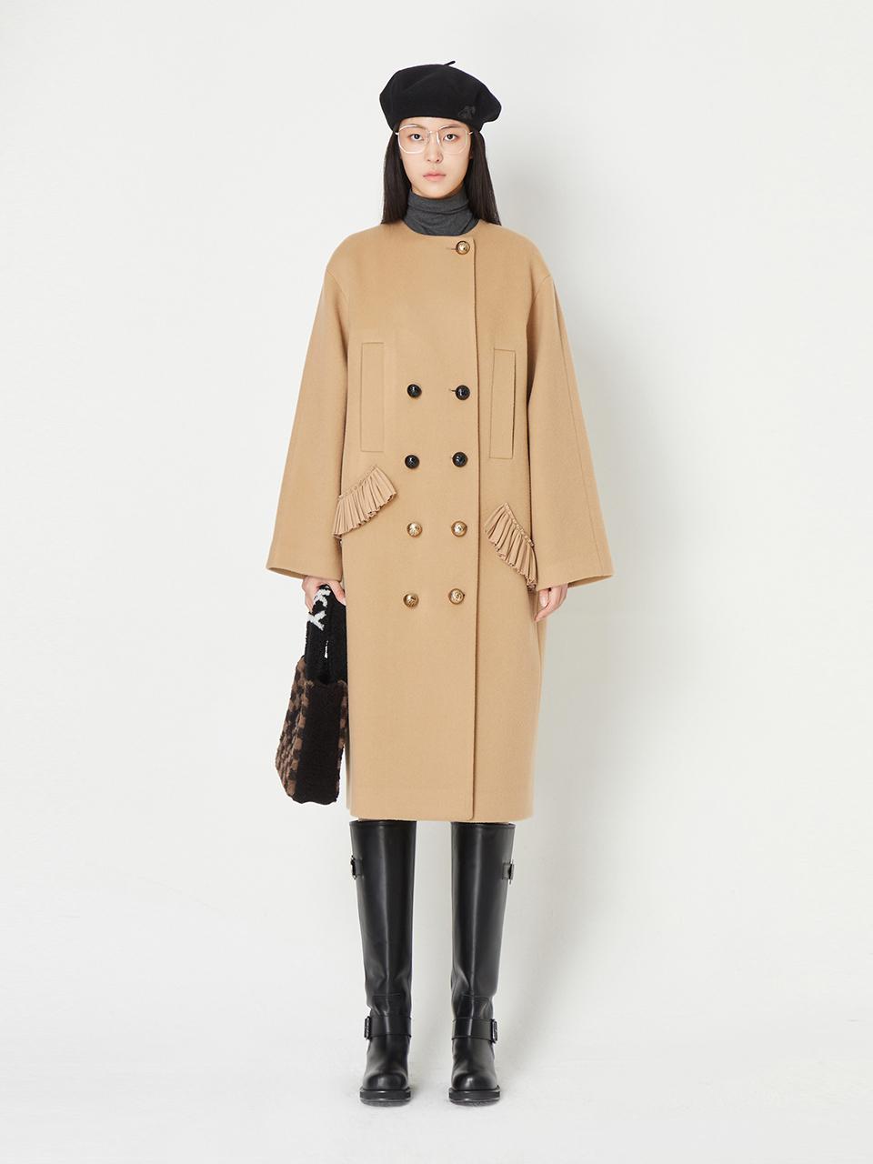 LUCKY CHOUETTE [Re-Order] Round Neck Color Pleated Double Coat