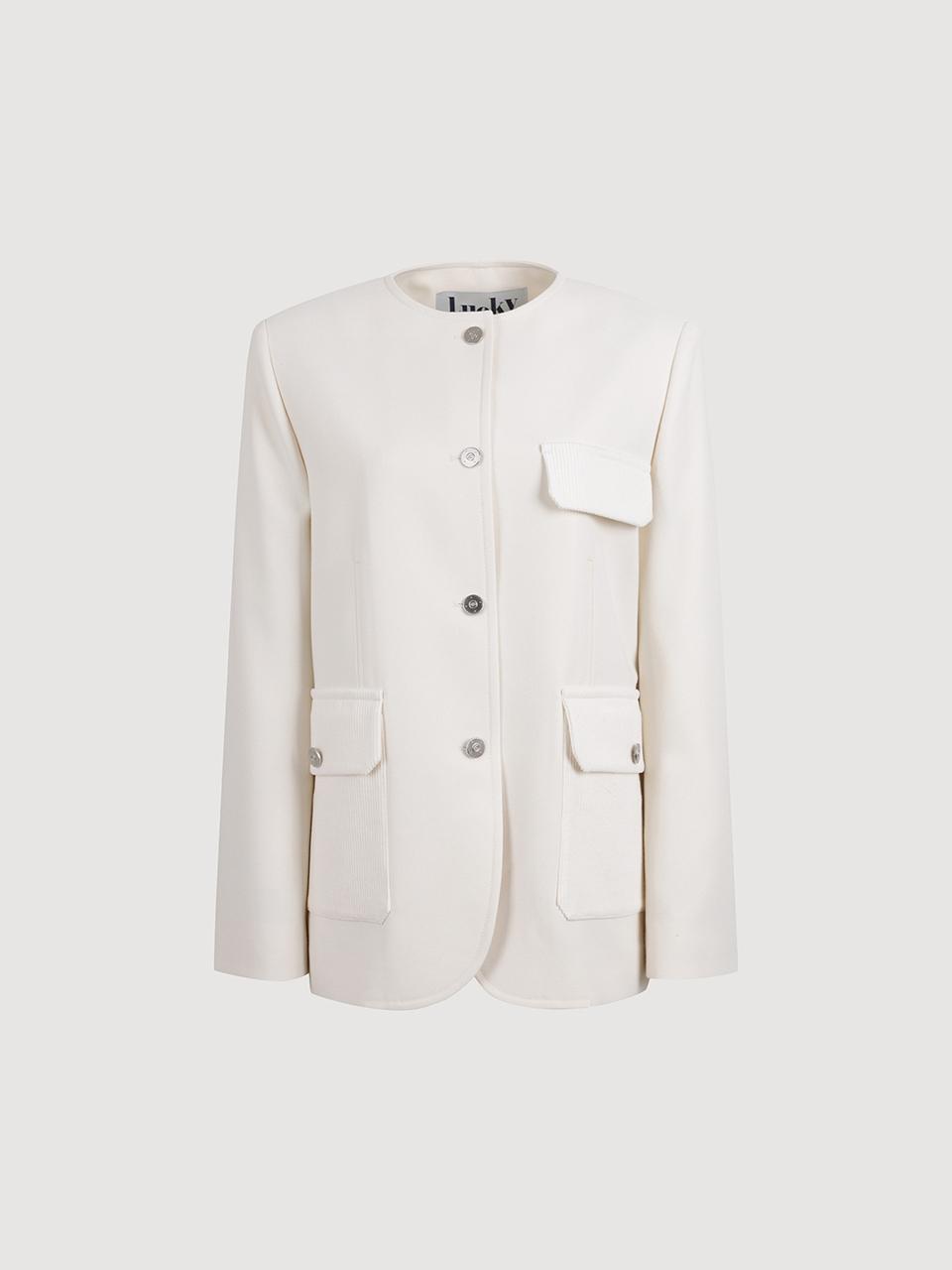 LUCKY CHOUETTE Round Neck Slim Fit Collarless Jacket [Ivory] (LFJAS25230IVX)