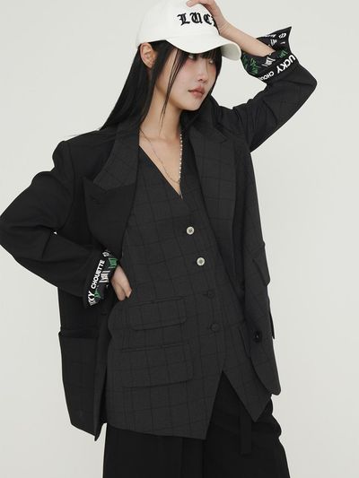 LUCKY CHOUETTE Solid Mix Check Relaxed Fit Blazer [Dark Grey] (LFVAS25210GYD)
