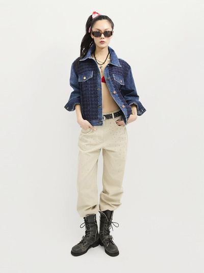 LUCKY CHOUETTE Stud Decoration Relaxed Barrel Denim Pants [Light Beige] (LFPDS25160BEL)