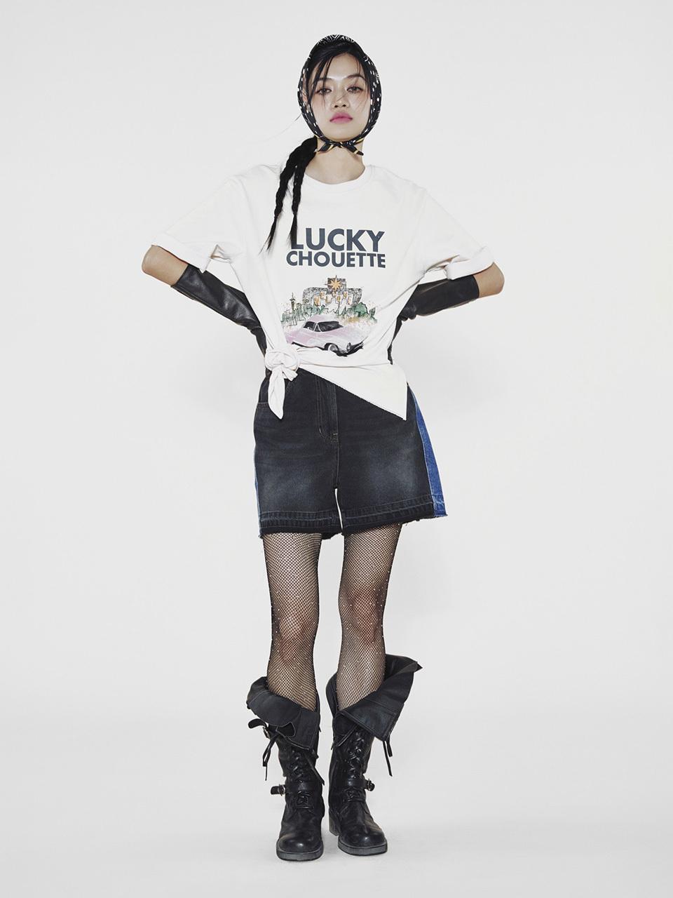 LUCKY CHOUETTE Studded Straight-fit Elastic Waist Denim Shorts [Dark Grey] (LFPDS25030GYD)