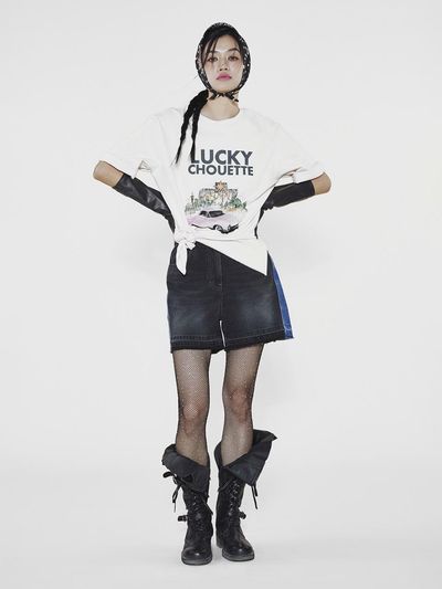 LUCKY CHOUETTE Studded Straight-fit Elastic Waist Denim Shorts [Dark Grey] (LFPDS25030GYD)