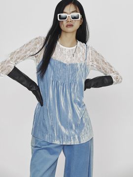 LUCKY CHOUETTE Tuck Point A-line Velvet Blouse [Blue] (LFSAS25010BUX)