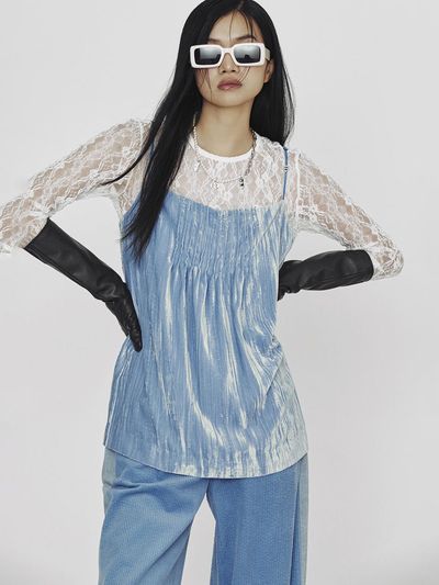 LUCKY CHOUETTE Tuck Point A-line Velvet Blouse [Blue] (LFSAS25010BUX)