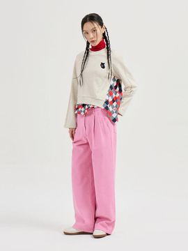 LUCKY CHOUETTE Two-tuck Wide-leg Cotton Denim Pants [Pink] (LFPDS25155PIX)