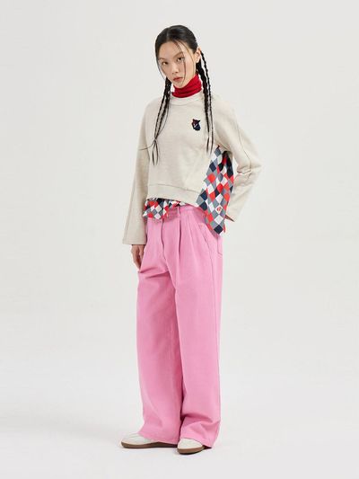 LUCKY CHOUETTE Two-tuck Wide-leg Cotton Denim Pants [Pink] (LFPDS25155PIX)