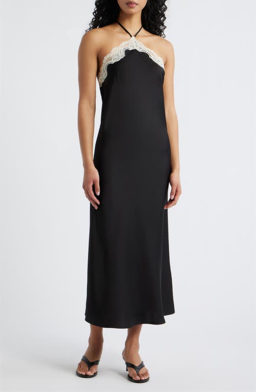 Lucy Paris Lucy Paris Celia Lace Trim Halter Satin Dress