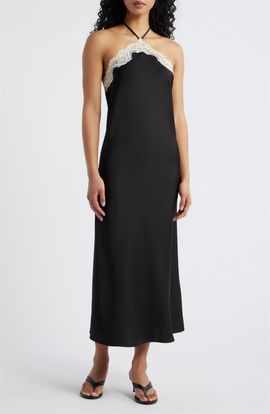 Lucy Paris Lucy Paris Celia Lace Trim Halter Satin Dress