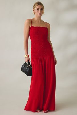 Lulus Lulus Banks Smocked Drop Waist Maxi Dress in Red, Women's at Urban Outfitters