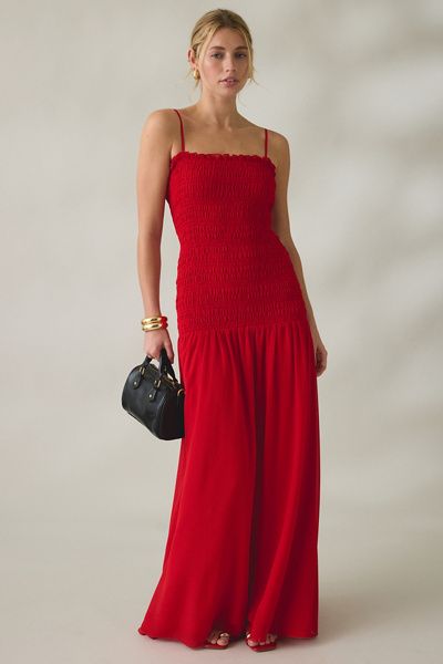 Lulus Lulus Banks Smocked Drop Waist Maxi Dress in Red, Women's at Urban Outfitters