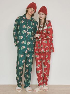 LUNALUZ STUDIO Christmas Bear Stretch Round Neck Long Sleeve Pajama Set [Green]