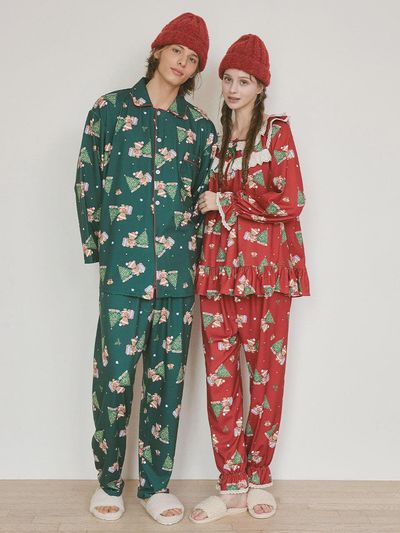 LUNALUZ STUDIO Christmas Bear Stretch Round Neck Long Sleeve Pajama Set [Green]