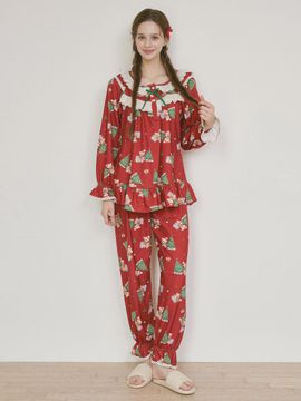 LUNALUZ STUDIO Christmas Bear Stretch Round Neck Two-Piece Pajama Set [Red]