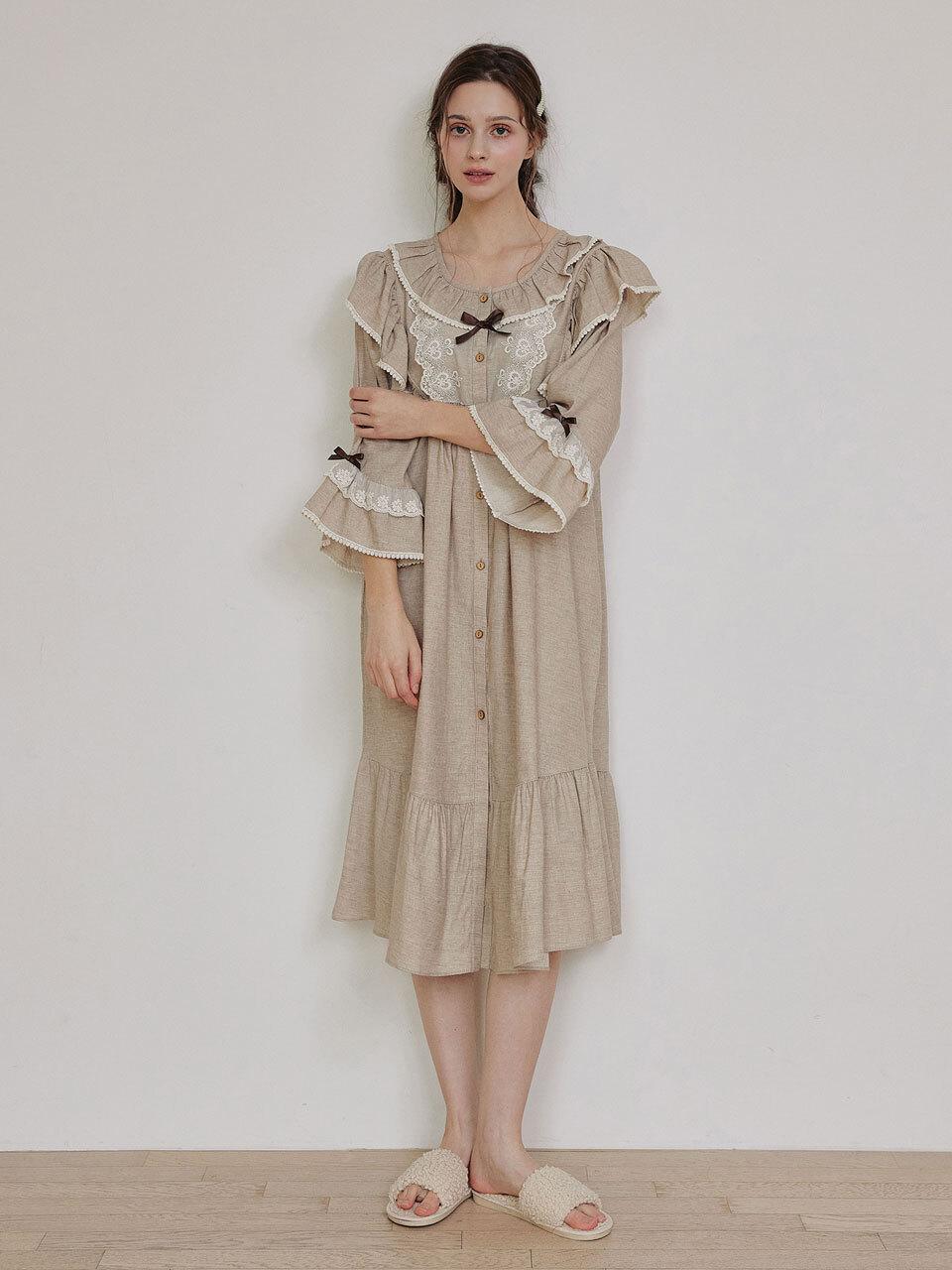 LUNALUZ STUDIO Cotton Long Sleeve Round Neck Nightgown