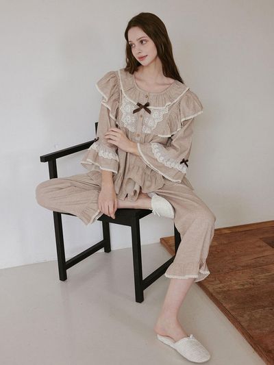 LUNALUZ STUDIO Cotton Long Sleeve Round Neck Two-Piece Pajama Set