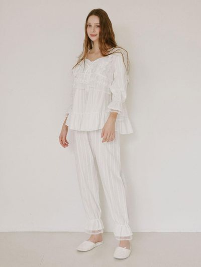 LUNALUZ STUDIO Cotton Square Neck Long Sleeve Two-Piece Pajama Set