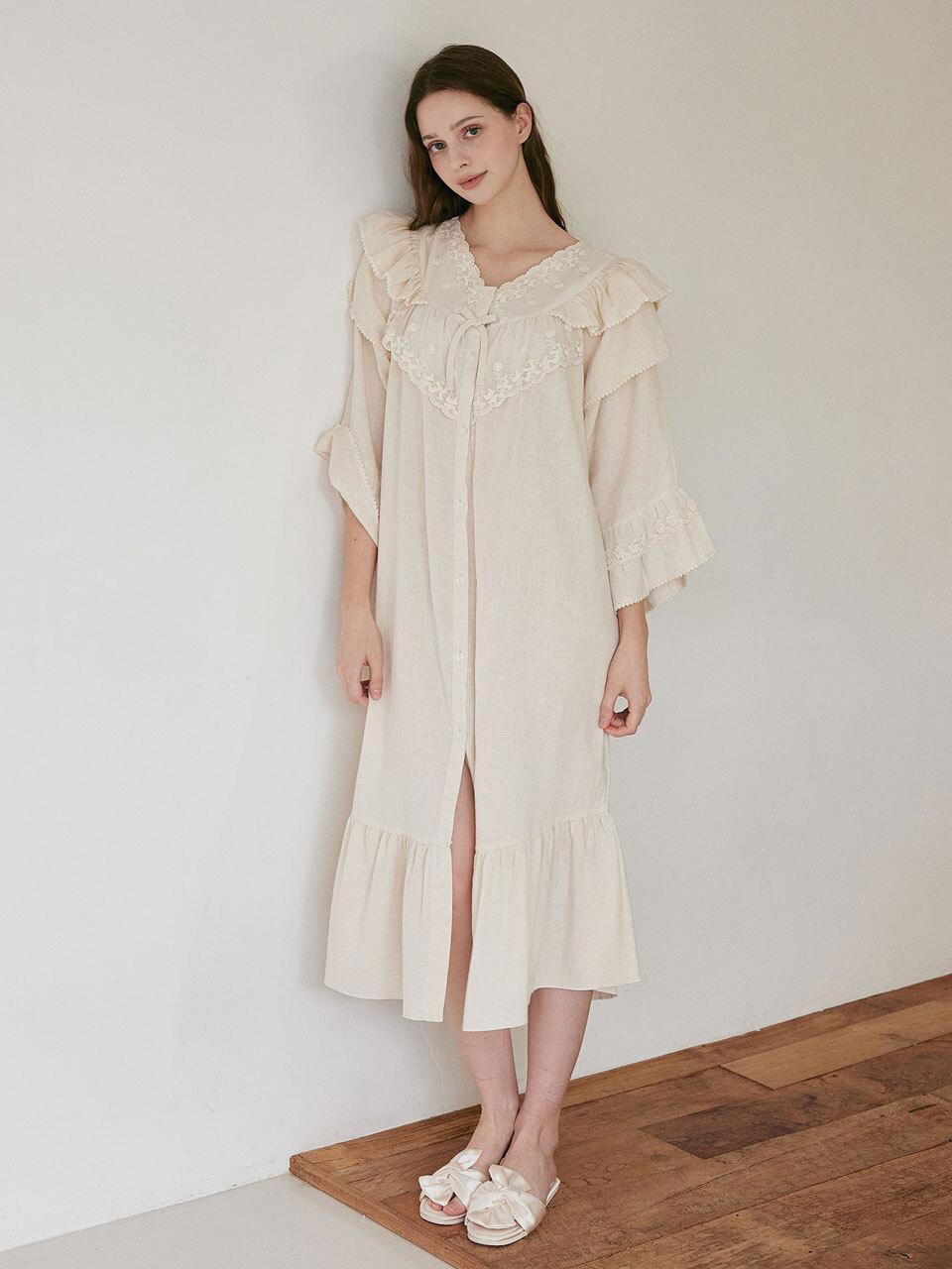 LUNALUZ STUDIO Cotton V-Neck Long Sleeve Lace Trim Nightgown